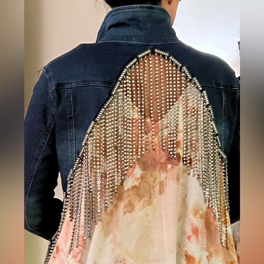 Denim Dark Blue Jacket with Rhinestones on the back, Pockets, Medium, Distressed